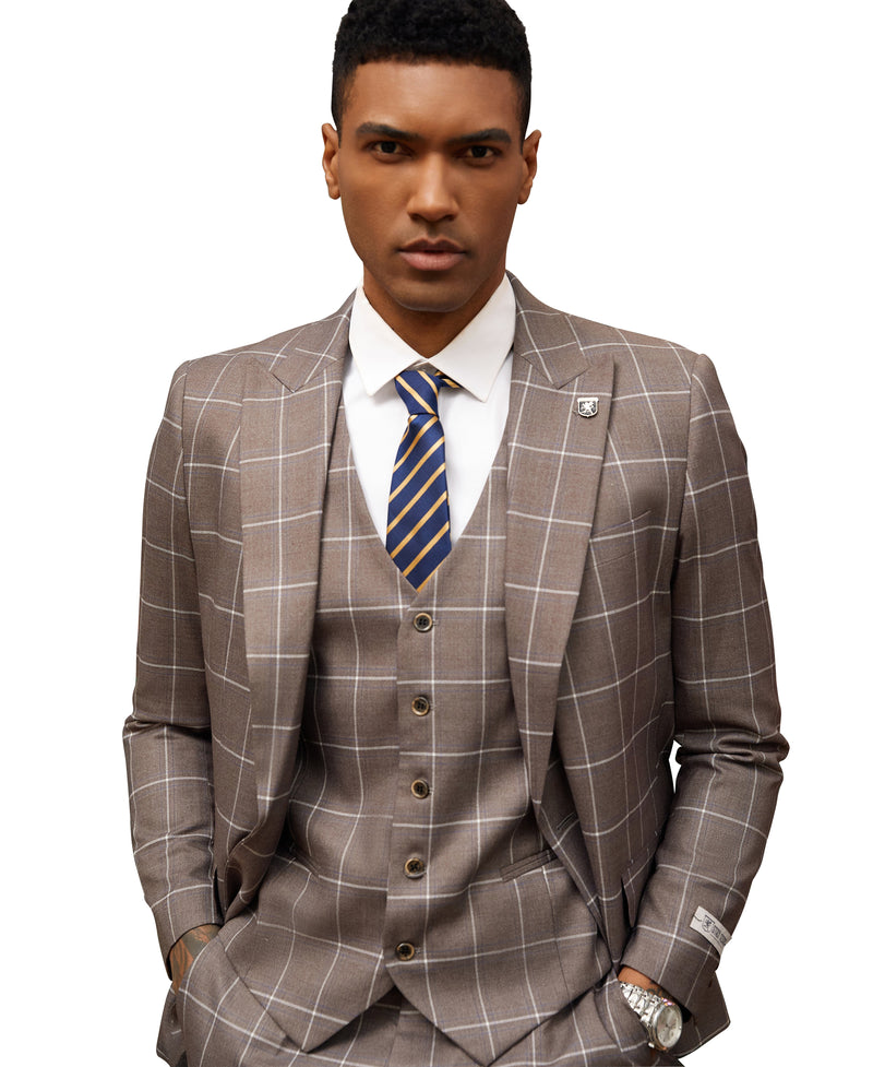 Stacy Adams Hybrid-Fit Vested Suit, Brown Windowpane