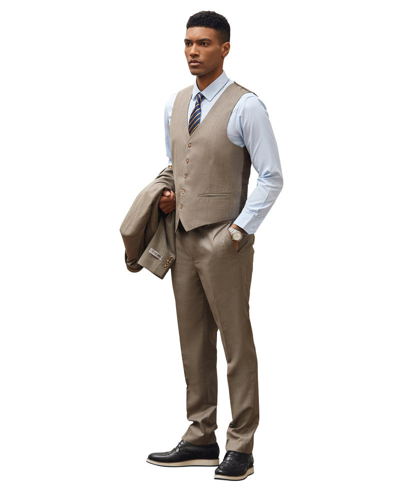 Stacy Adams Hybrid-Fit Vested 3-Piece Suit, Textured Dark Tan