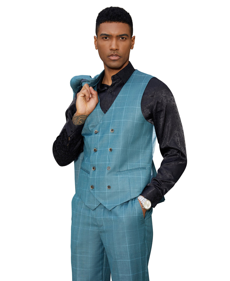 Stacy Adams Hybrid-Fit Vested Suit, Teal Windowpane