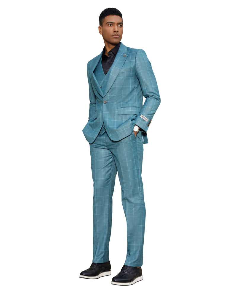 Stacy Adams Hybrid-Fit Vested Suit, Teal Windowpane