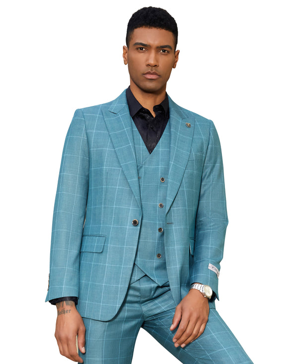 Stacy Adams Hybrid-Fit Vested Suit, Teal Windowpane