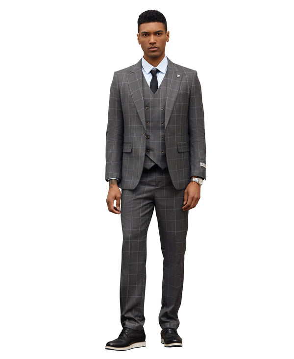 Stacy Adams Hybrid-Fit Vested Suit, Dark Grey Windowpane