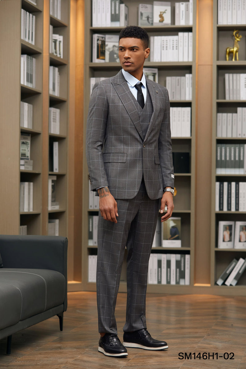 Stacy Adams Hybrid-Fit Vested Suit, Dark Grey Windowpane