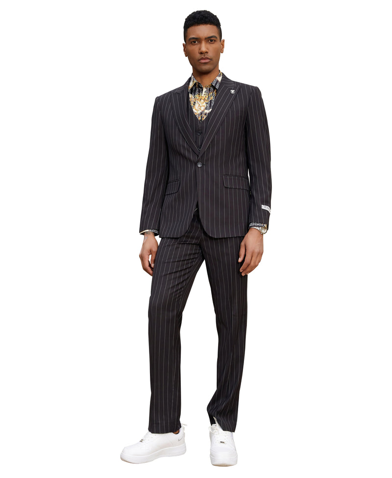 Stacy Adams Hybrid-Fit Vested Suit, Black Pinstriped