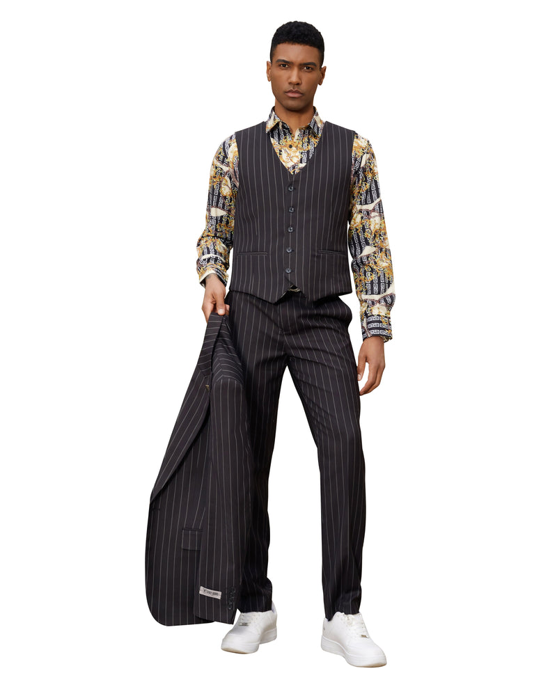 Stacy Adams Hybrid-Fit Vested Suit, Black Pinstriped