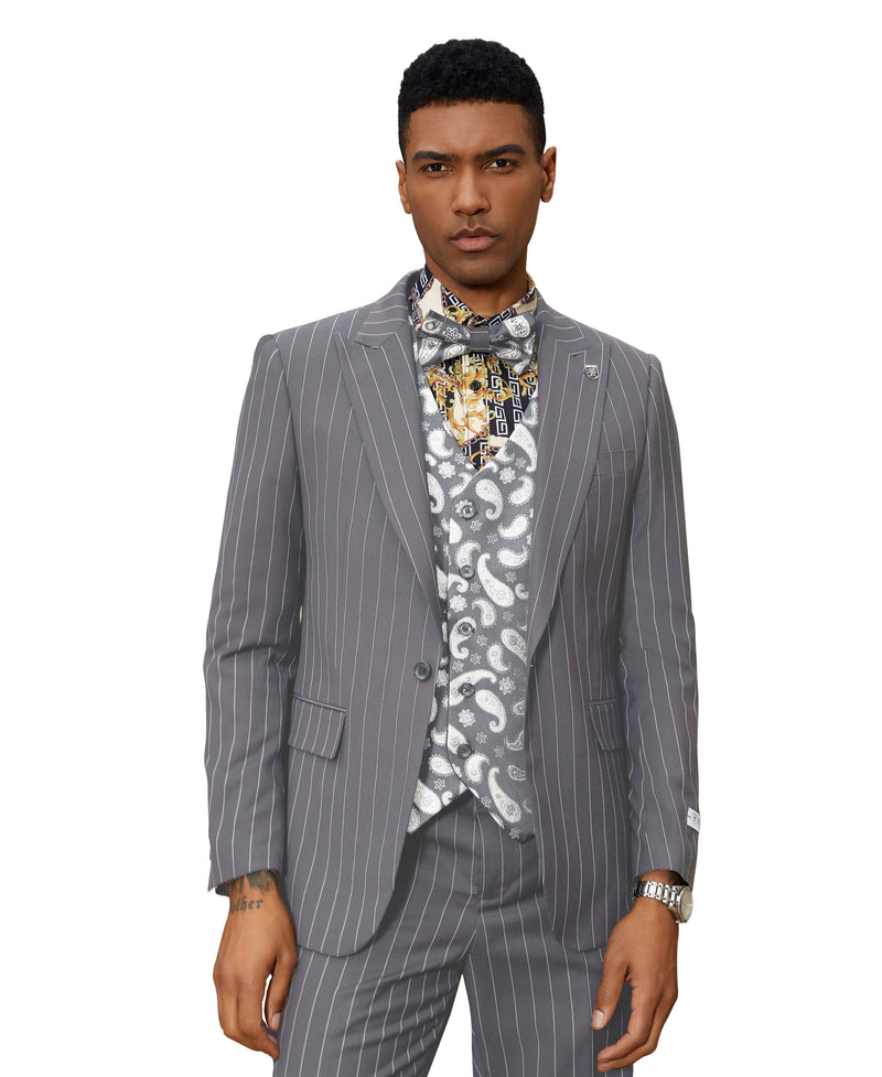 Stacy Adams Hybrid-Fit Vested Suit, Medium Gray Pinstriped