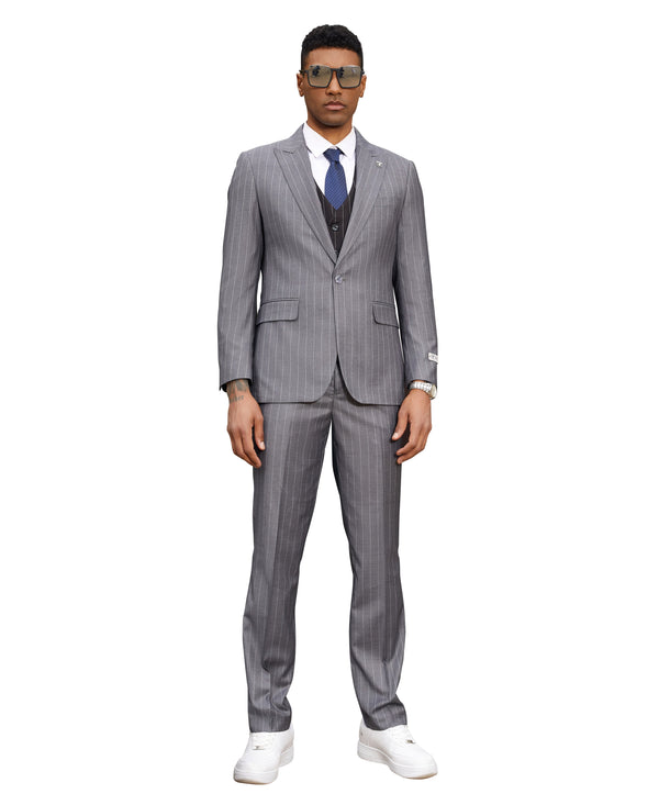 Stacy Adams Hybrid-Fit Vested Suit, Medium Gray Pinstriped