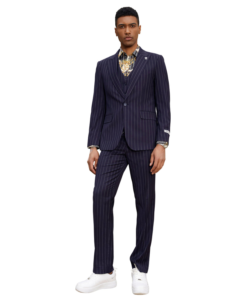 Stacy Adams Hybrid-Fit Vested Suit, Midnight Purple Pinstriped