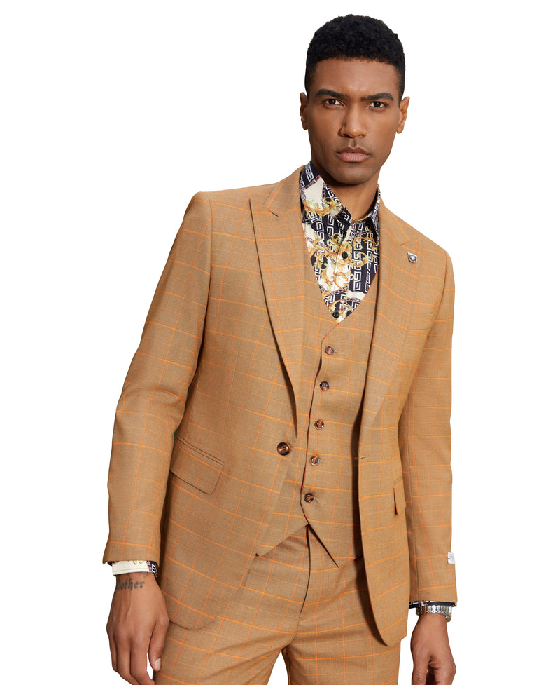 Stacy Adams Hybrid-Fit Vested Suit, Rust Windowpane