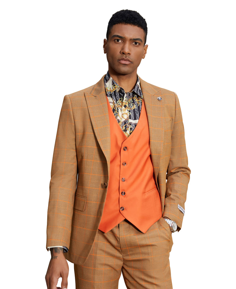 Stacy Adams Hybrid-Fit Vested Suit, Rust Windowpane