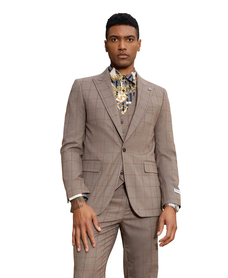 Stacy Adams Hybrid-Fit Vested Suit, Light Brown Windowpane