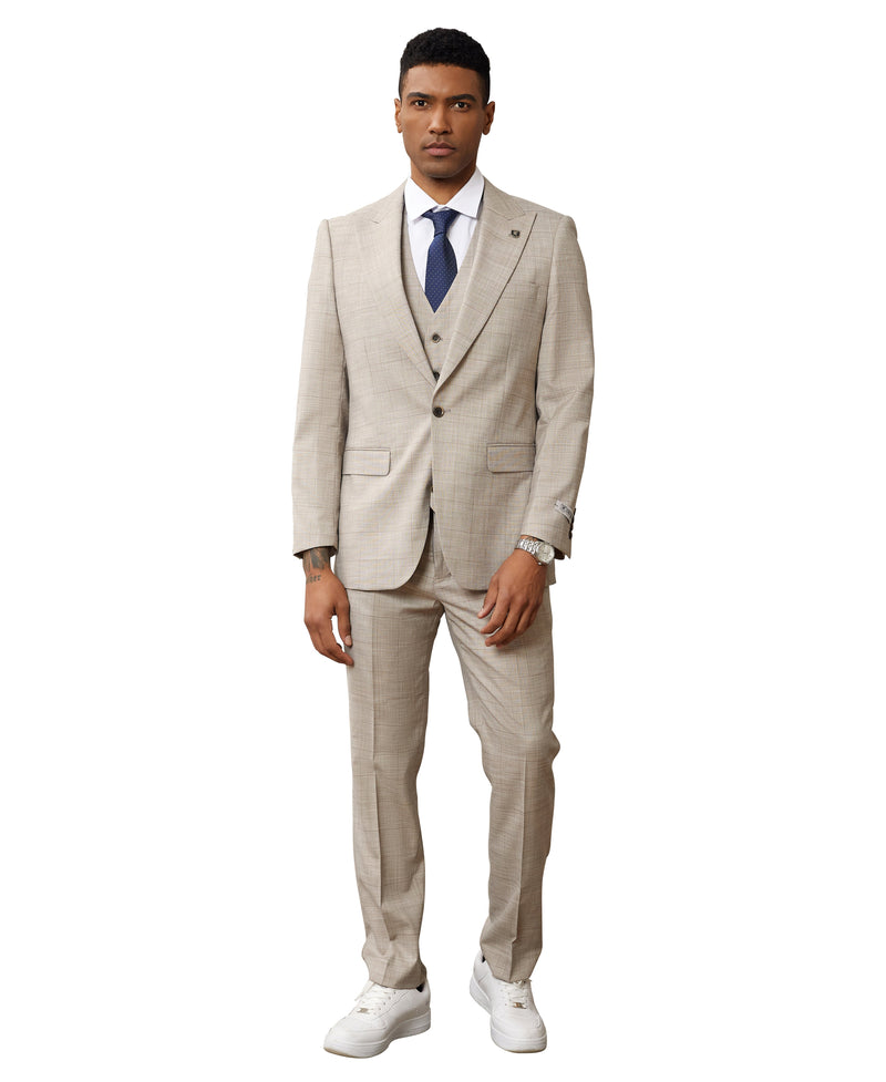 Stacy Adams Hybrid-Fit Vested Suit, Light Tan Windowpane