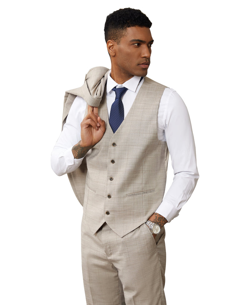 Stacy Adams Hybrid-Fit Vested Suit, Light Tan Windowpane