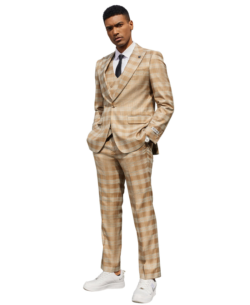 Stacy Adams Hybrid-Fit Vested Suit, Light Tan Glen Plaid