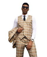 Stacy Adams Hybrid-Fit Vested Suit, Light Tan Glen Plaid