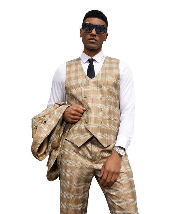 Stacy Adams Hybrid-Fit Vested Suit, Light Tan Glen Plaid