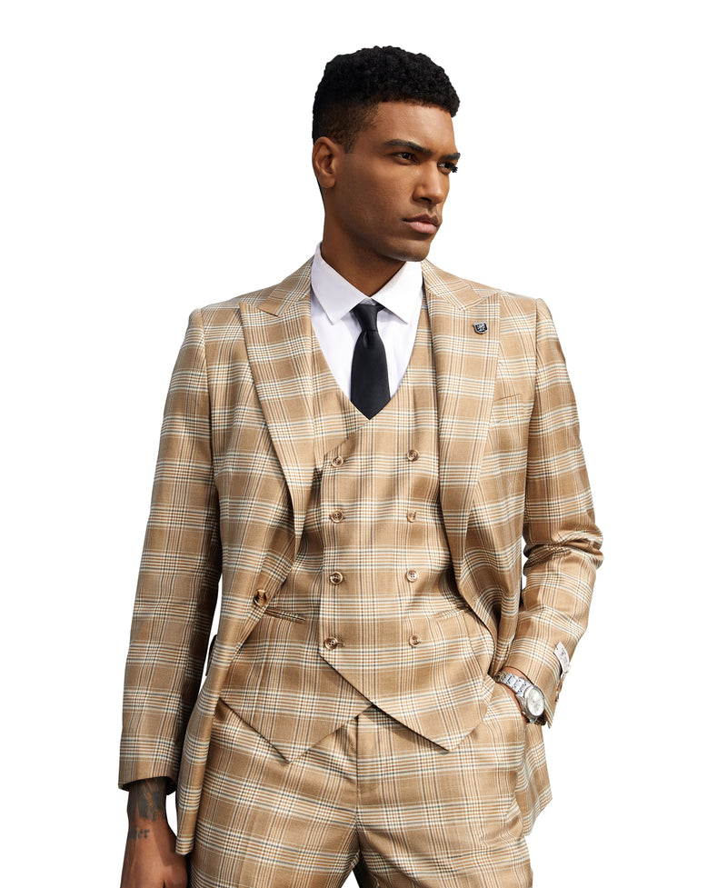 Stacy Adams Hybrid-Fit Vested Suit, Light Tan Glen Plaid