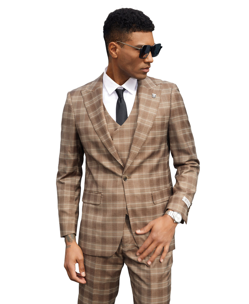 Stacy Adams Hybrid-Fit Vested Suit, Brown Windowpane