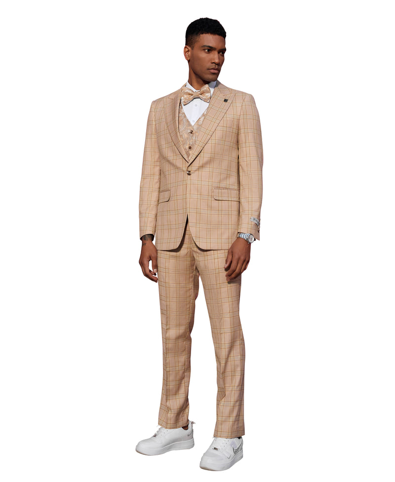 Stacy Adams Hybrid-Fit Vested Suit, Glen Check Light Tan