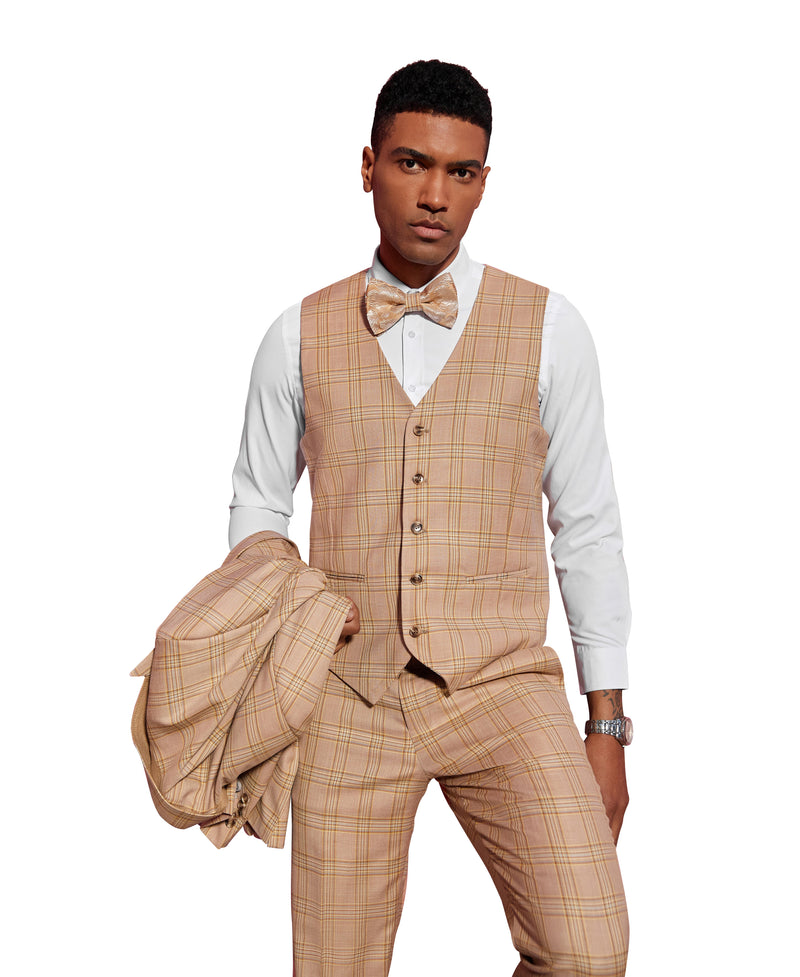 Stacy Adams Hybrid-Fit Vested Suit, Glen Check Light Tan