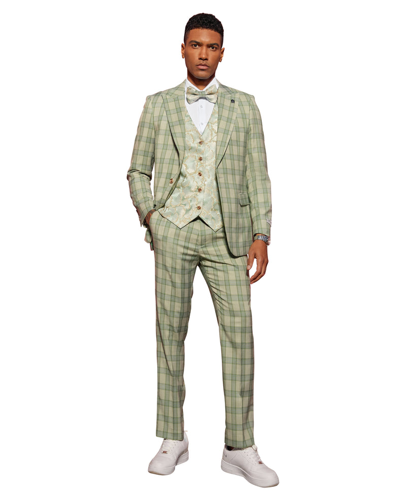 Stacy Adams Hybrid-Fit Vested Suit, Glen Check Lime Green