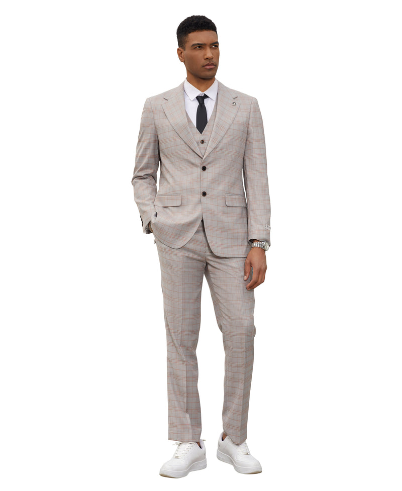 Stacy Adams Hybrid-Fit Vested Suit, Light Tan Glen Plaid