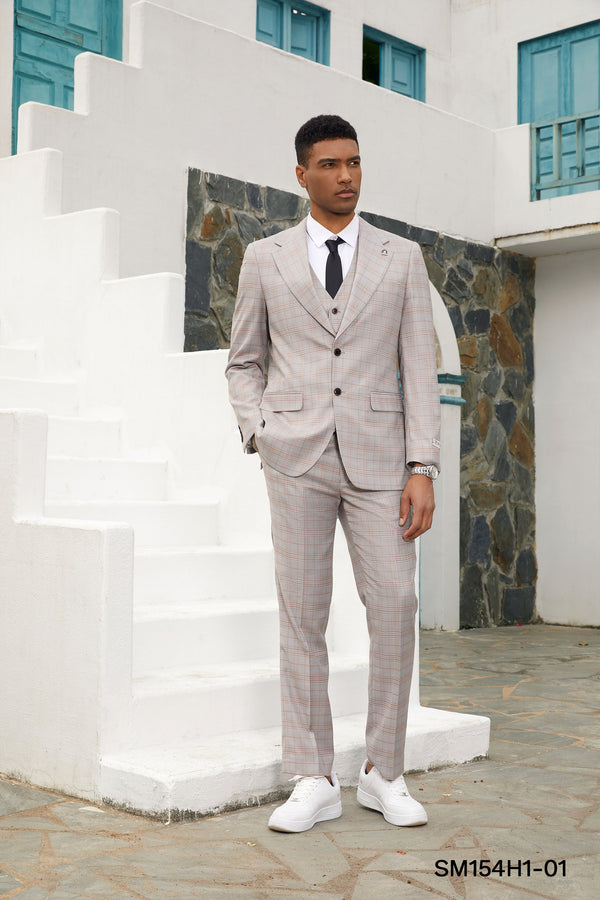 Stacy Adams Hybrid-Fit Vested Suit, Light Tan Glen Plaid