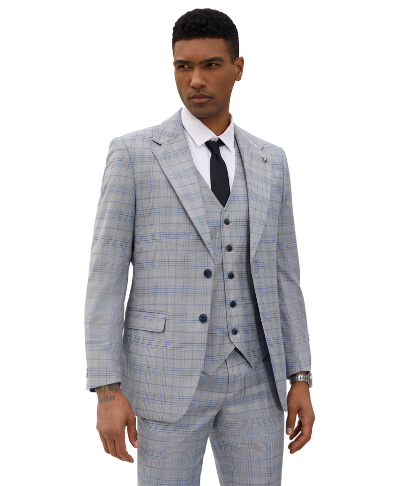 Stacy Adams Hybrid-Fit Vested Suit, Baby Blue Glen Plaid