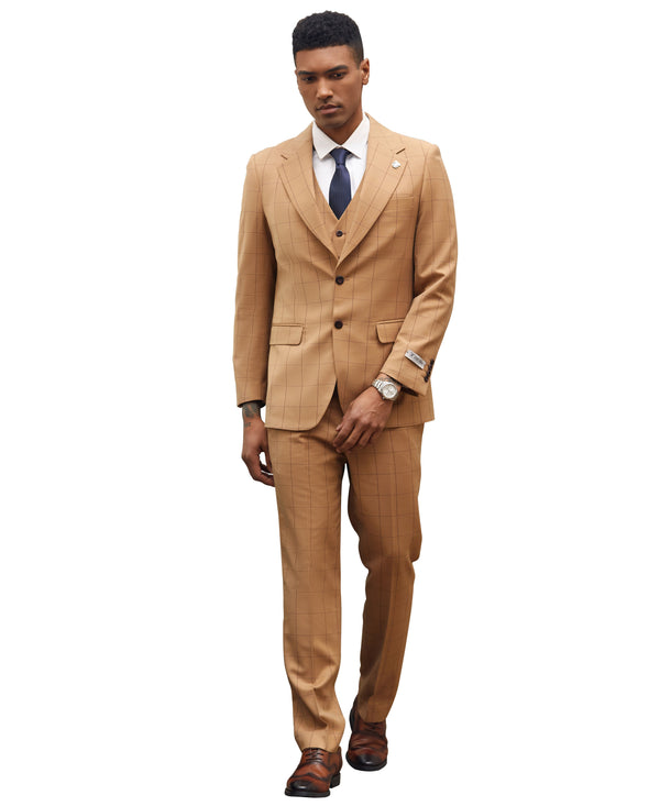 Stacy Adams Hybrid-Fit Vested Suit, Rust Windowpane