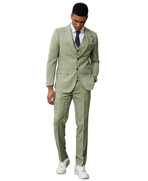 Stacy Adams Hybrid-Fit Vested Suit, Green Windowpane