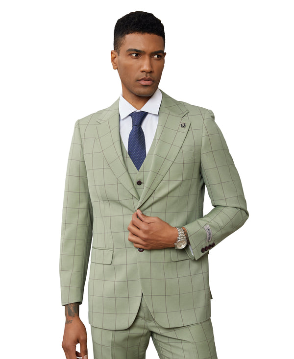 Stacy Adams Hybrid-Fit Vested Suit, Green Windowpane