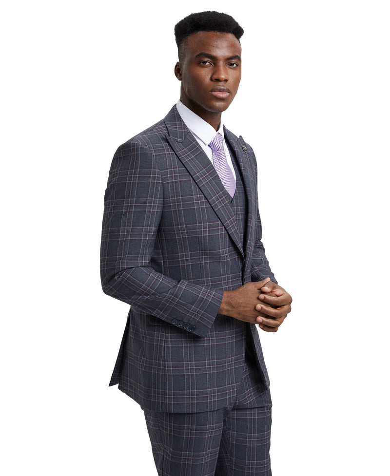 Stacy Adams Hybrid-Fit Double-Breast Vested Suit, Windowpane Charcoal