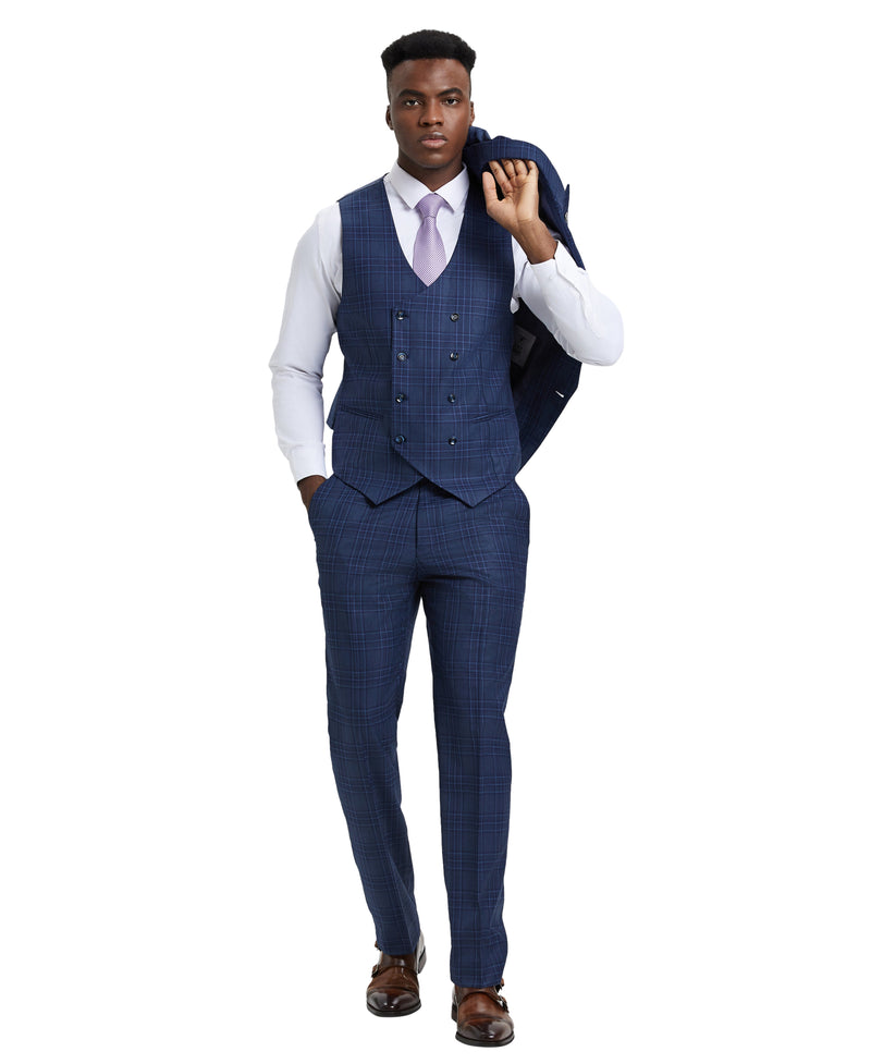 Stacy Adams Hybrid-Fit Double-Breast Vested Suit, Windowpane Blue