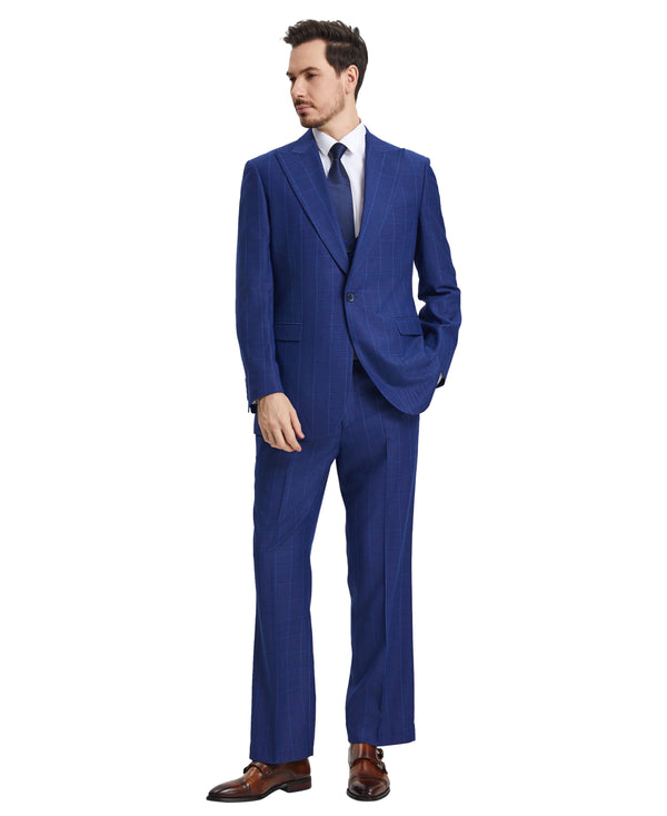 Stacy Adams Hybrid-Fit Vested Suit w/ U-Shaped Vest, Windowpane Royal Blue