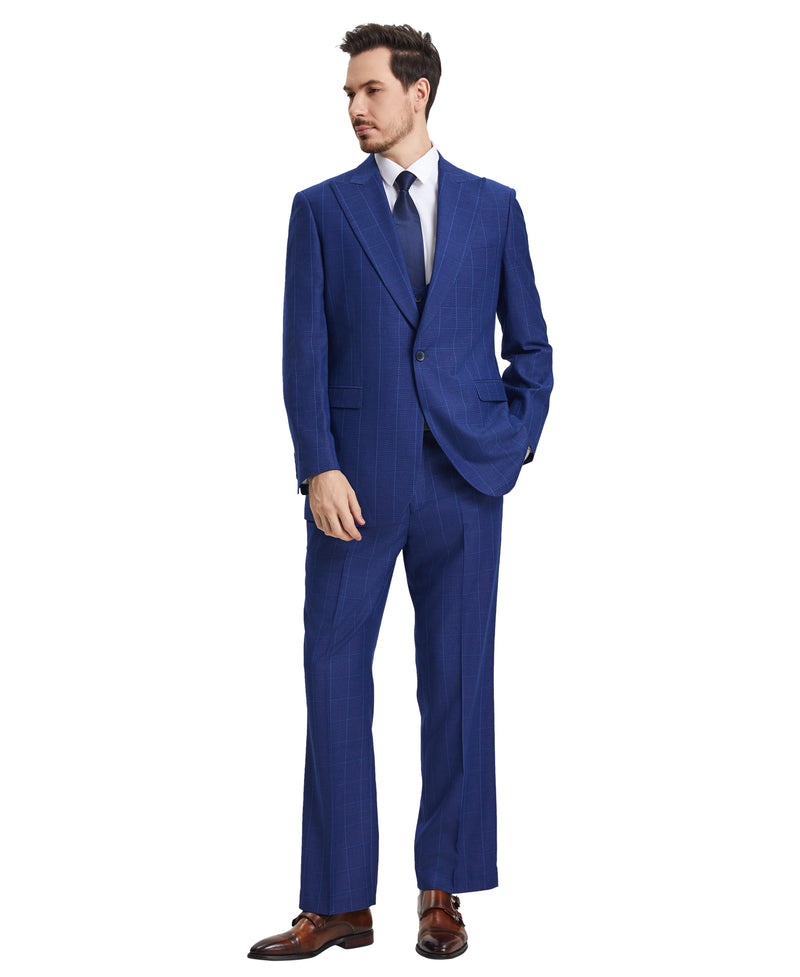 Stacy Adams Hybrid-Fit Vested Suit w/ U-Shaped Vest, Windowpane Royal Blue