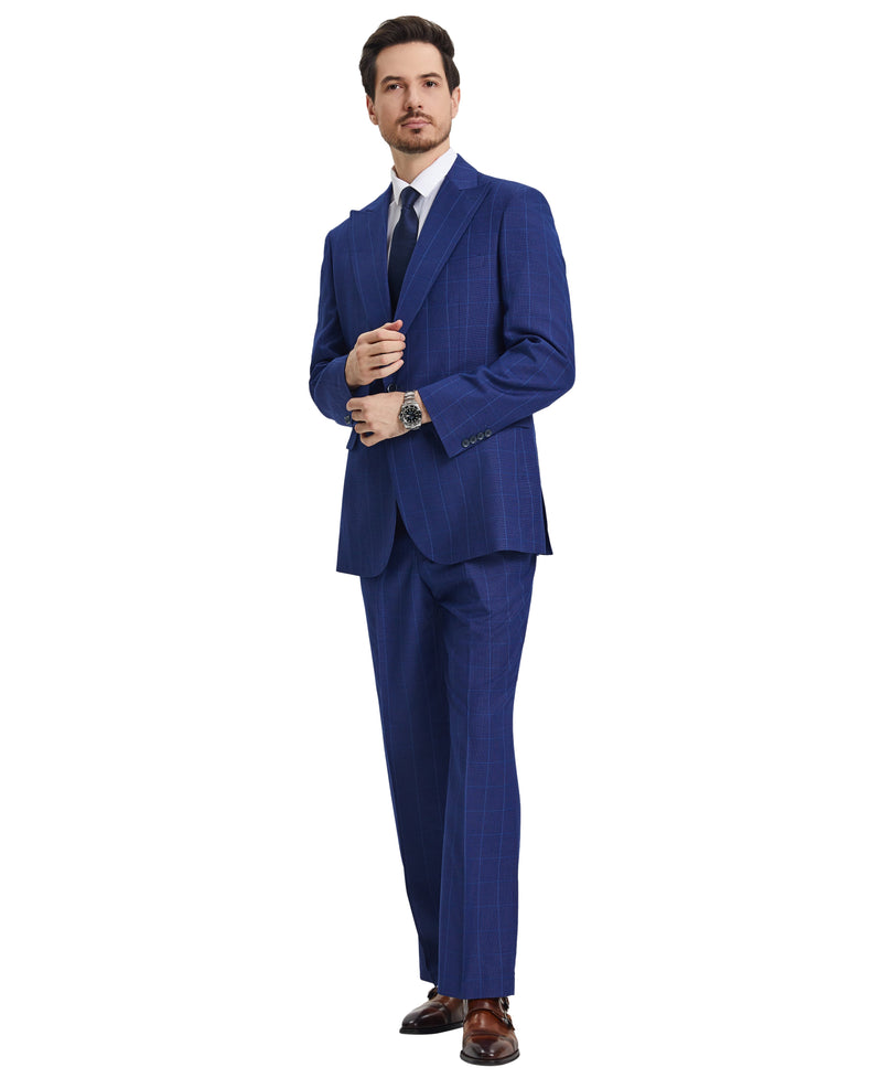 Stacy Adams Hybrid-Fit Vested Suit w/ U-Shaped Vest, Windowpane Royal Blue