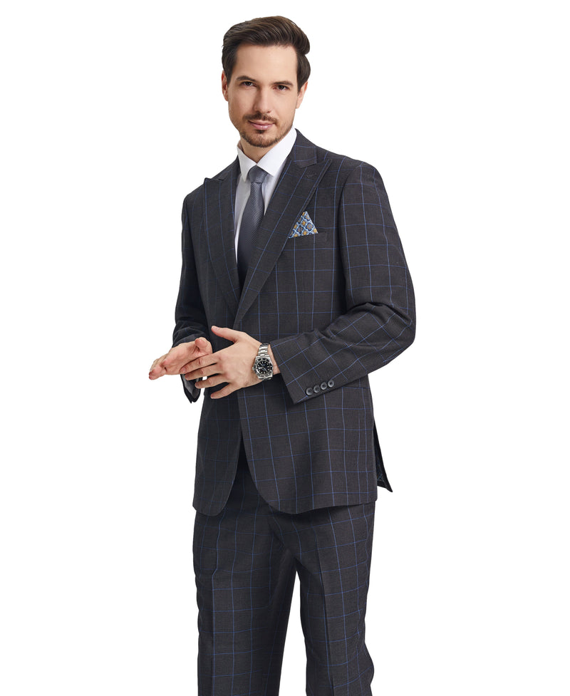 Stacy Adams Hybrid-Fit Vested Suit w/ U-Shaped Vest, Charcoaled Windowpane