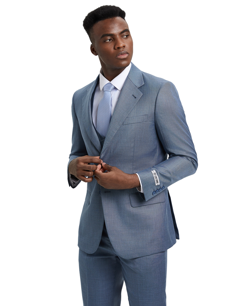 Stacy Adams Hybrid-Fit Textured Suit w/ Double Breasted Vest, Frost Blue