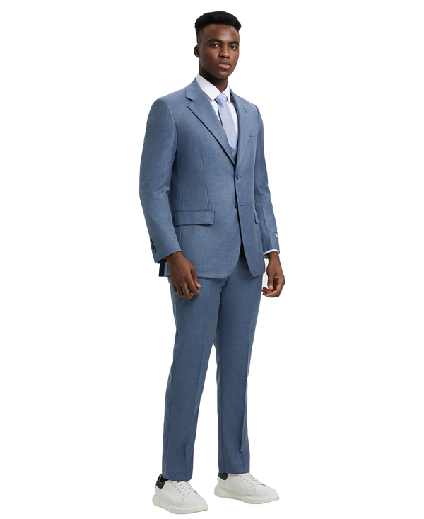 Stacy Adams Hybrid-Fit Textured Suit w/ Double Breasted Vest, Frost Blue