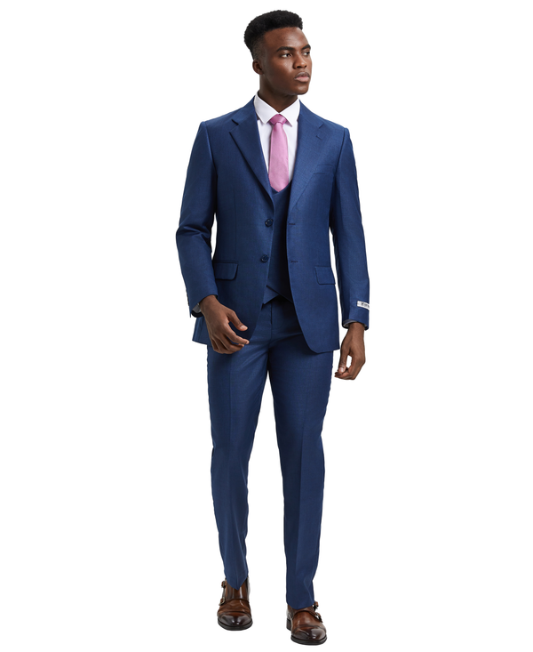 Stacy Adams Hybrid-Fit Textured Suit w/ Double Breasted Vest, Blue Steel