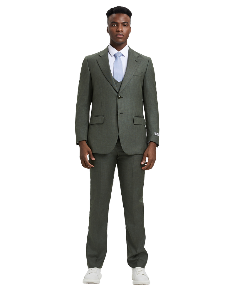 Stacy Adams Hybrid-Fit Textured Suit w/ Double Breasted Vest, Dark Olive