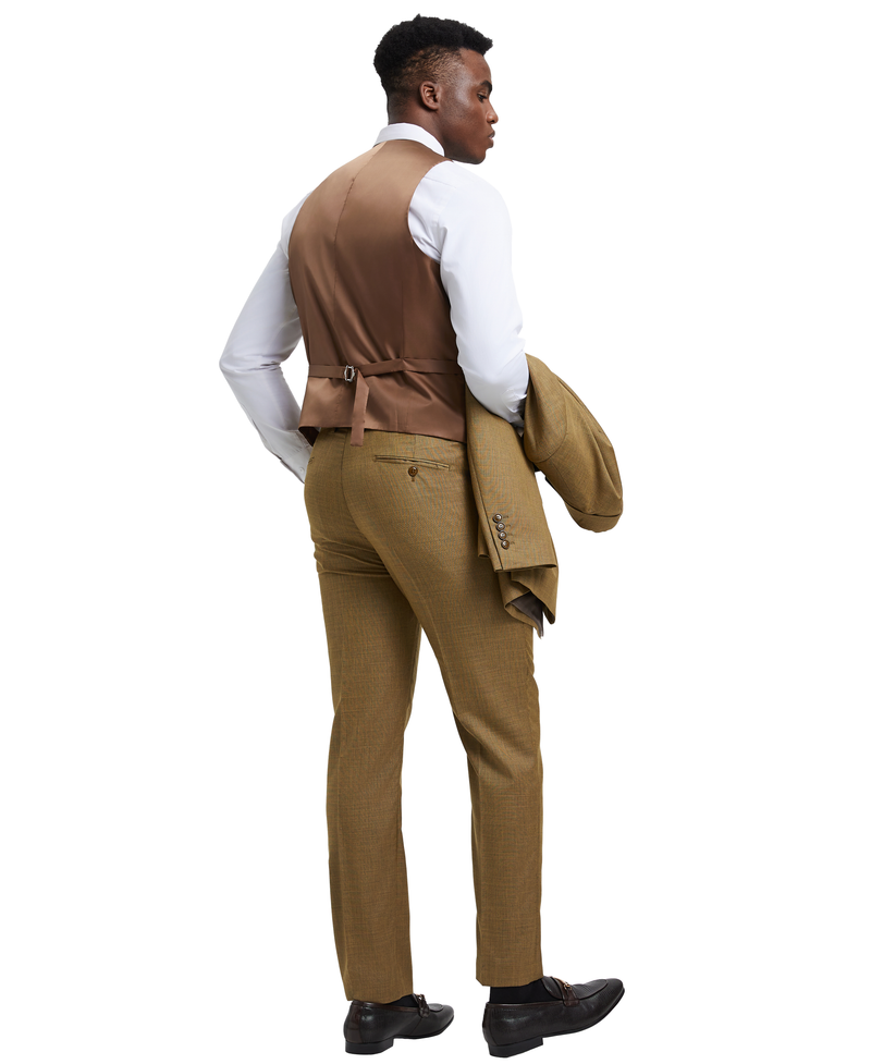 Stacy Adams Hybrid-Fit Textured Suit w/ Double Breasted Vest, Tan