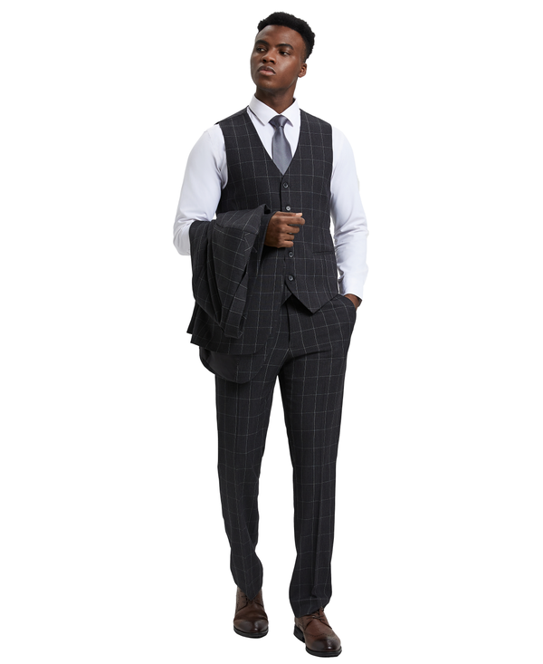 Stacy Adams Hybrid-Fit Vested Suit, Windowpane Black