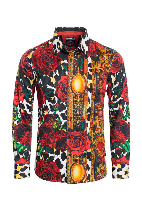 Barabas SPR964 Rose and Thorns Rhine Stones Long Sleeve Shirt Multi