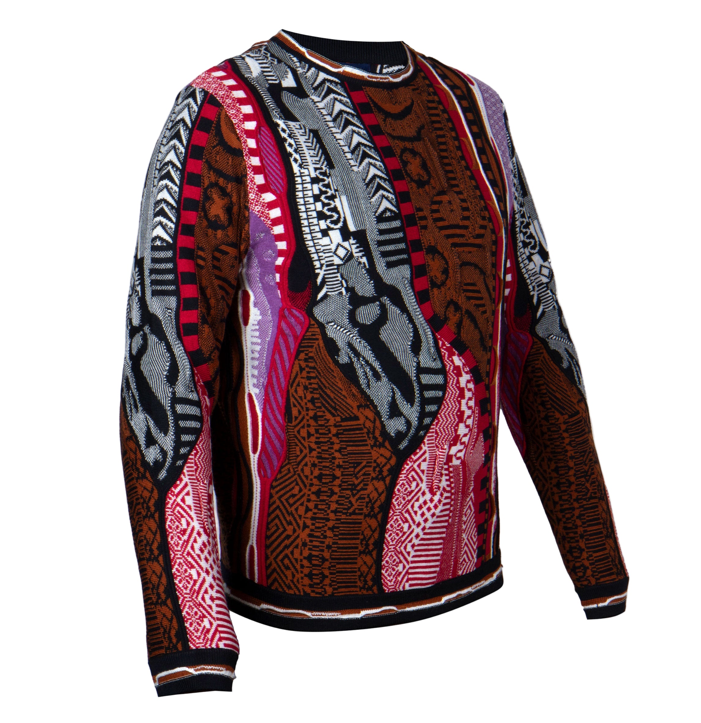 Colorful patterned sweater with a black background