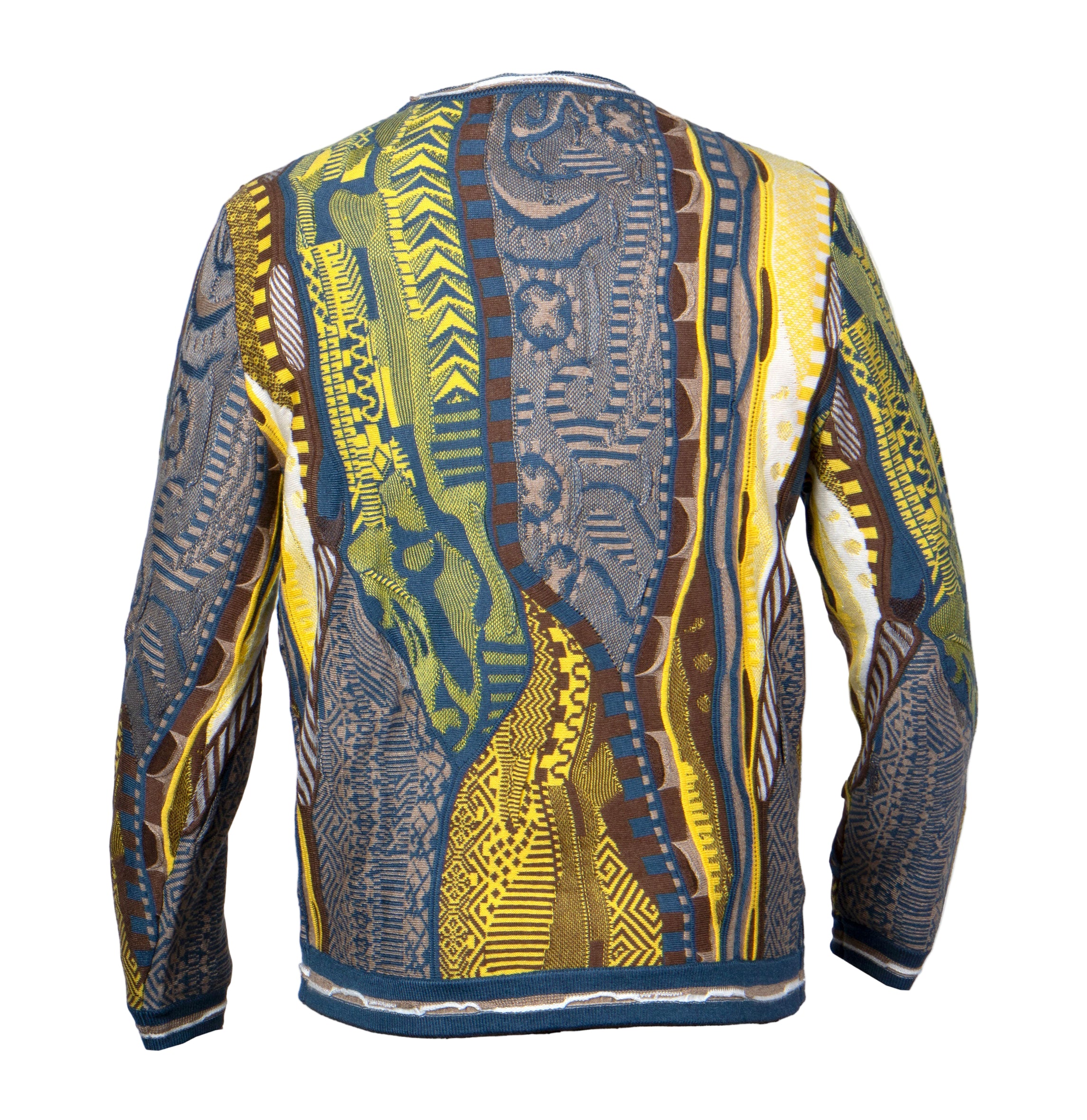 Colorful patterned sweater with 'SW-688 DENIM' label on a white background