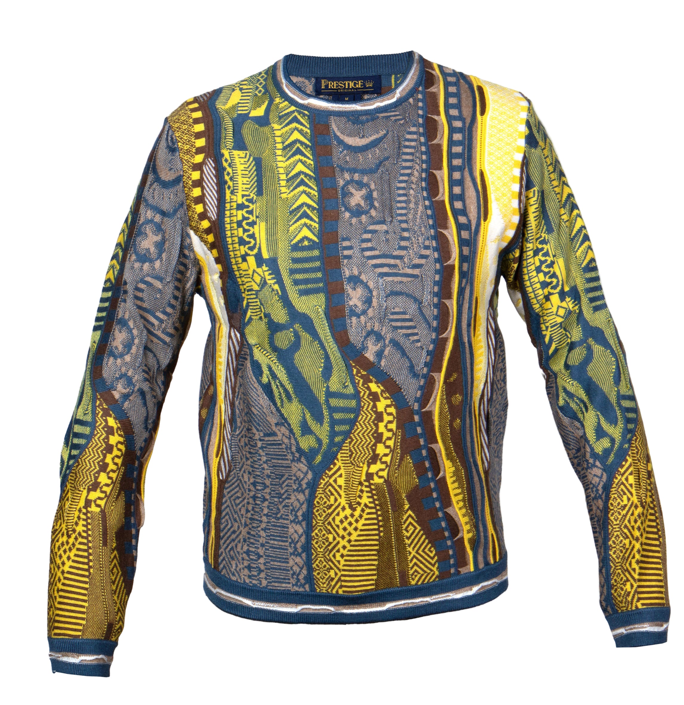 Color swatch of a patterned sweater with blue, yellow, and gray design on a white background.