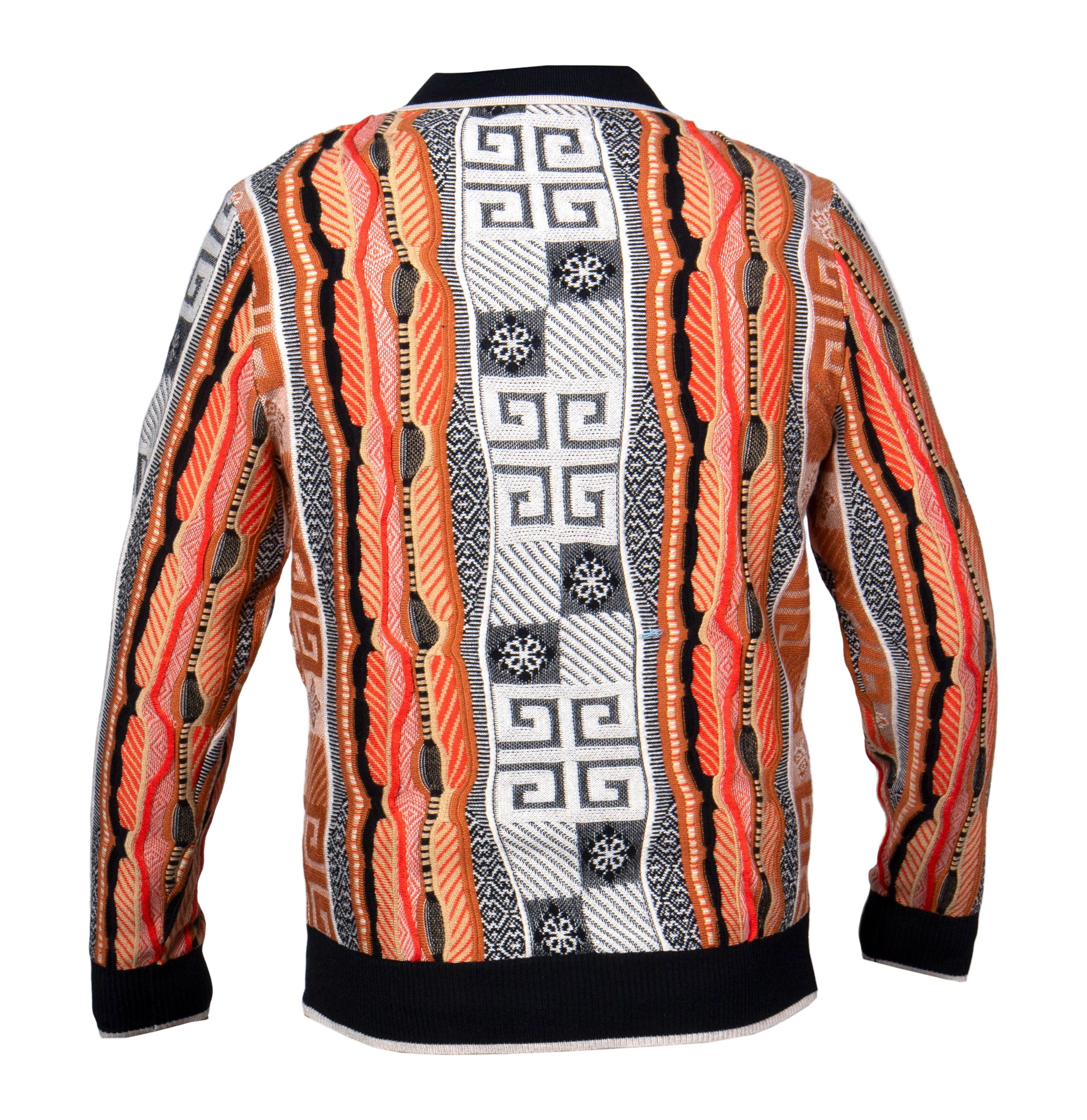 Colorful, patterned Sweater with geometric designs on a white background