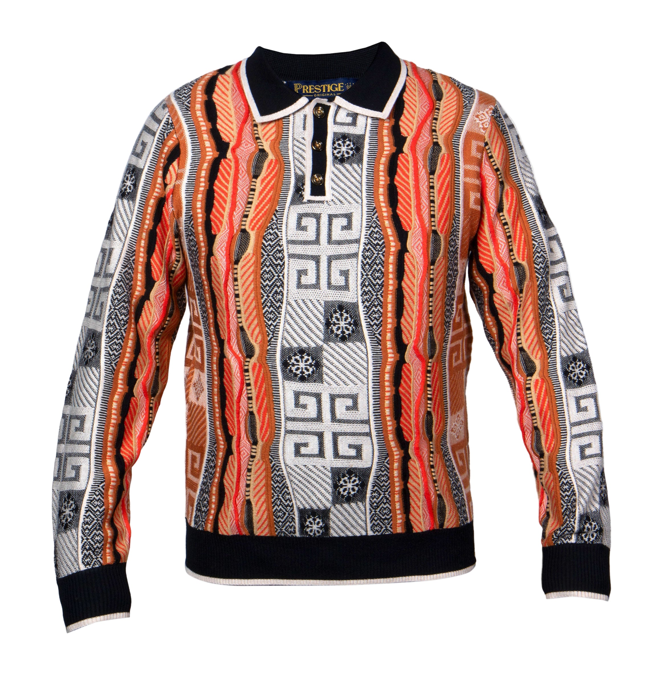 Colorful patterned sweater with geometric design on a white background