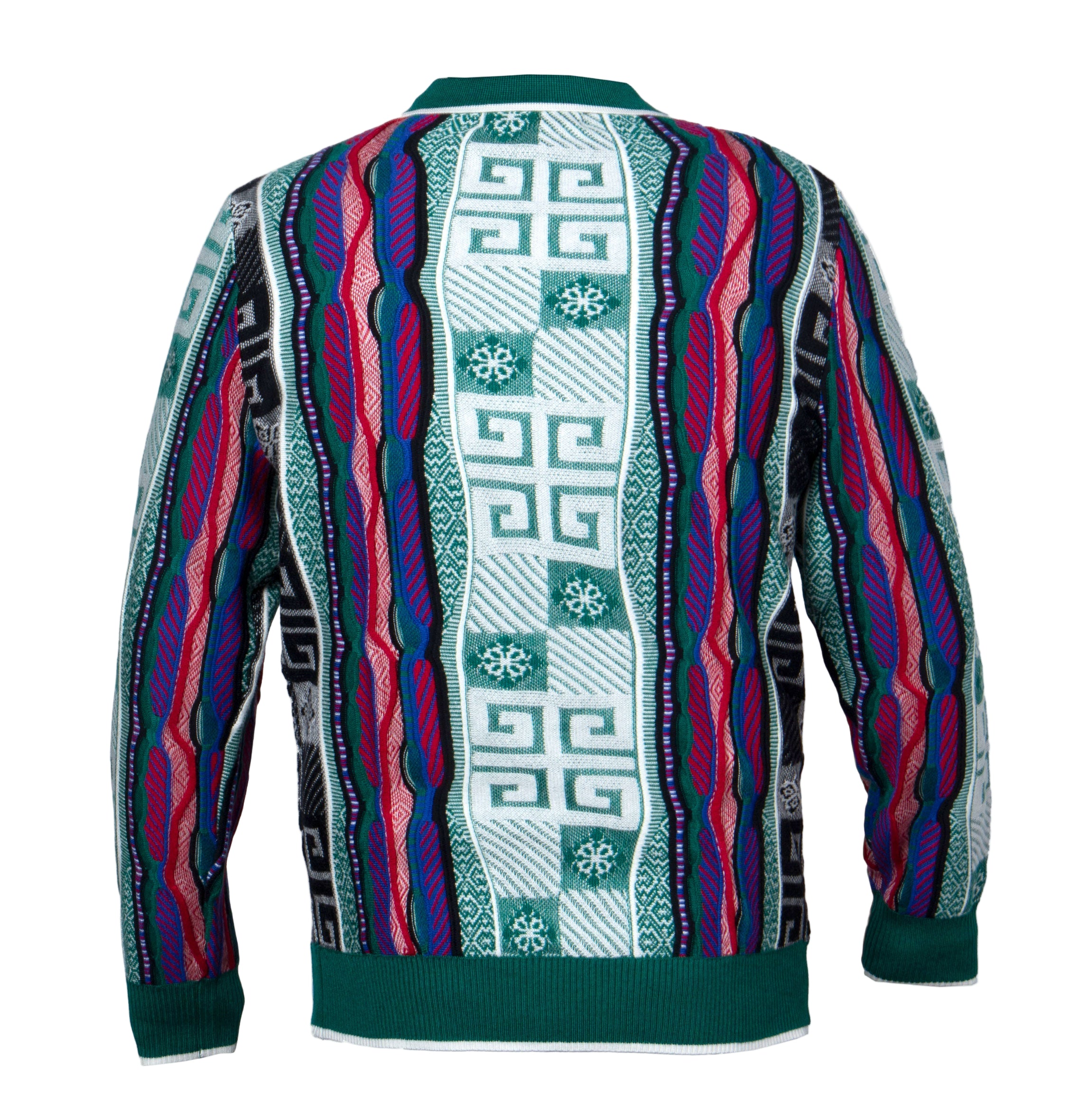 Colorful, patterned sweater with geometric designs on a white background